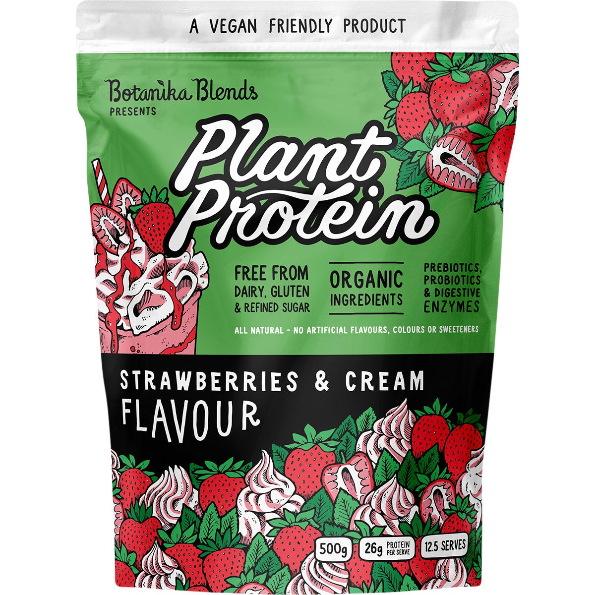 500g pouch of Botanika Blends Strawberries and Cream plant protein with a pink label and botanical illustrations.