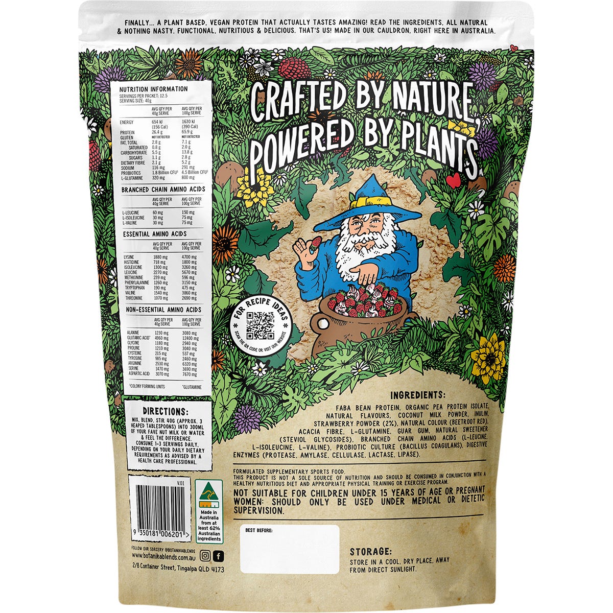 Back of Botanika Blends 500g Strawberries & Cream pouch showing ingredients, nutrition facts, and directions.