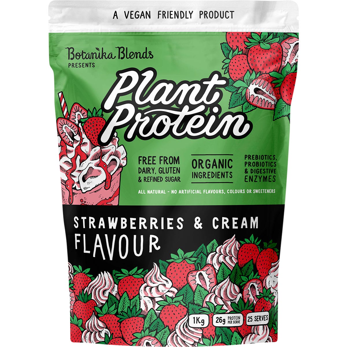1kg bag of Botanika Blends Plant Protein in Strawberries & Cream flavor with a pink and white label.