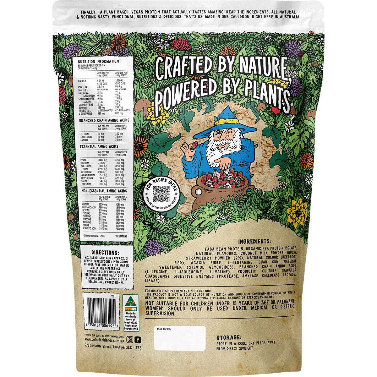 Back of a 1kg Botanika Blends Strawberries and Cream plant protein bag with nutrition facts and ingredients.