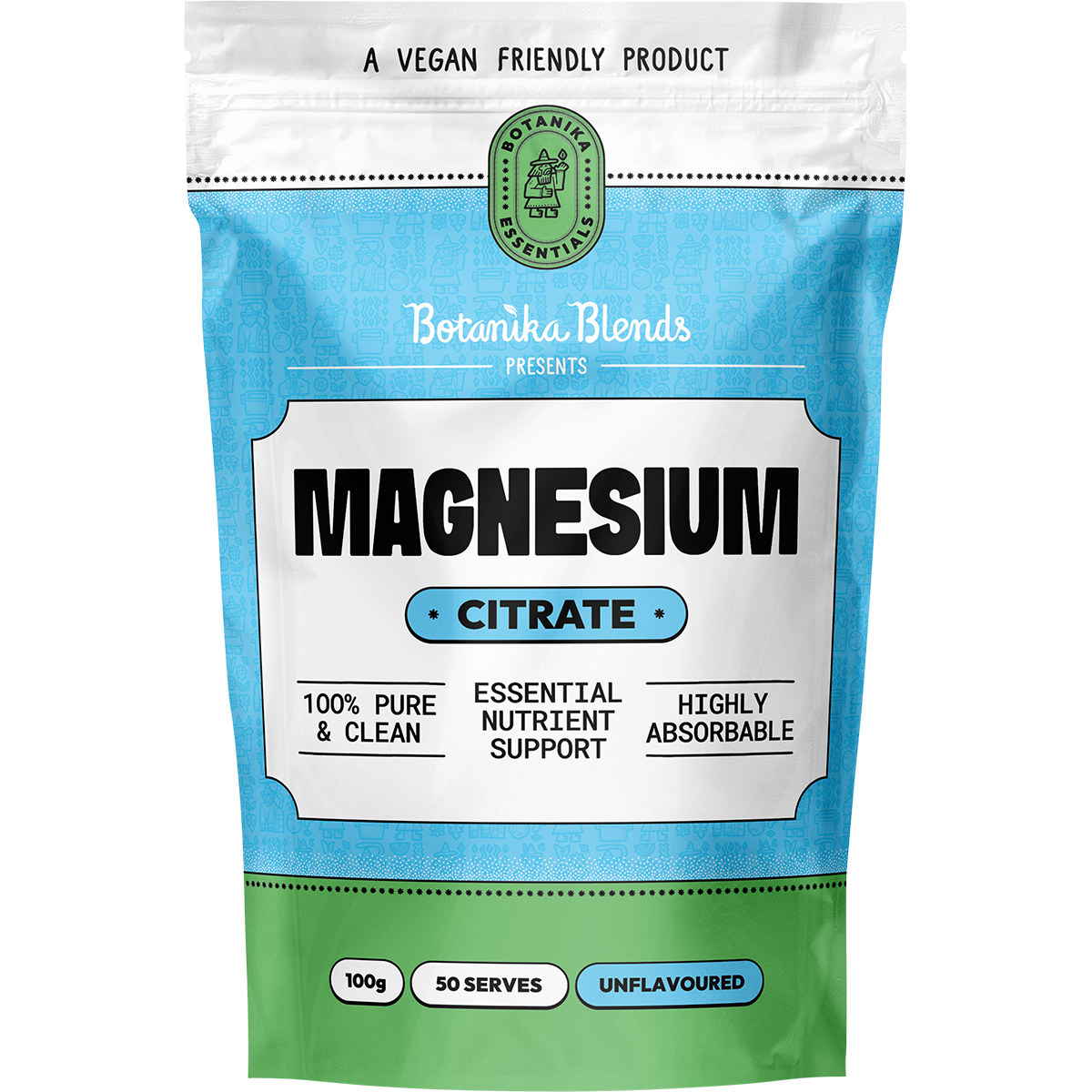 100g tub of Botanika Blends Magnesium Citrate powder with a white and green label featuring a leaf motif.