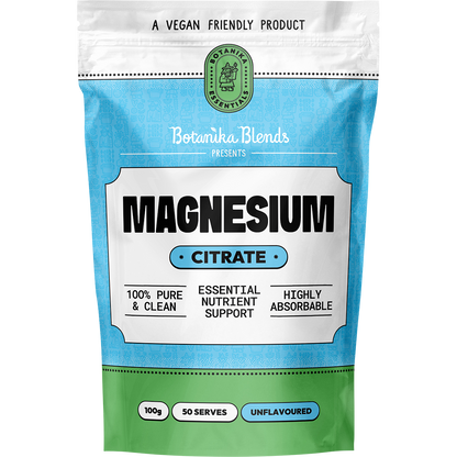 100g tub of Botanika Blends Magnesium Citrate powder with a white and green label featuring a leaf motif.