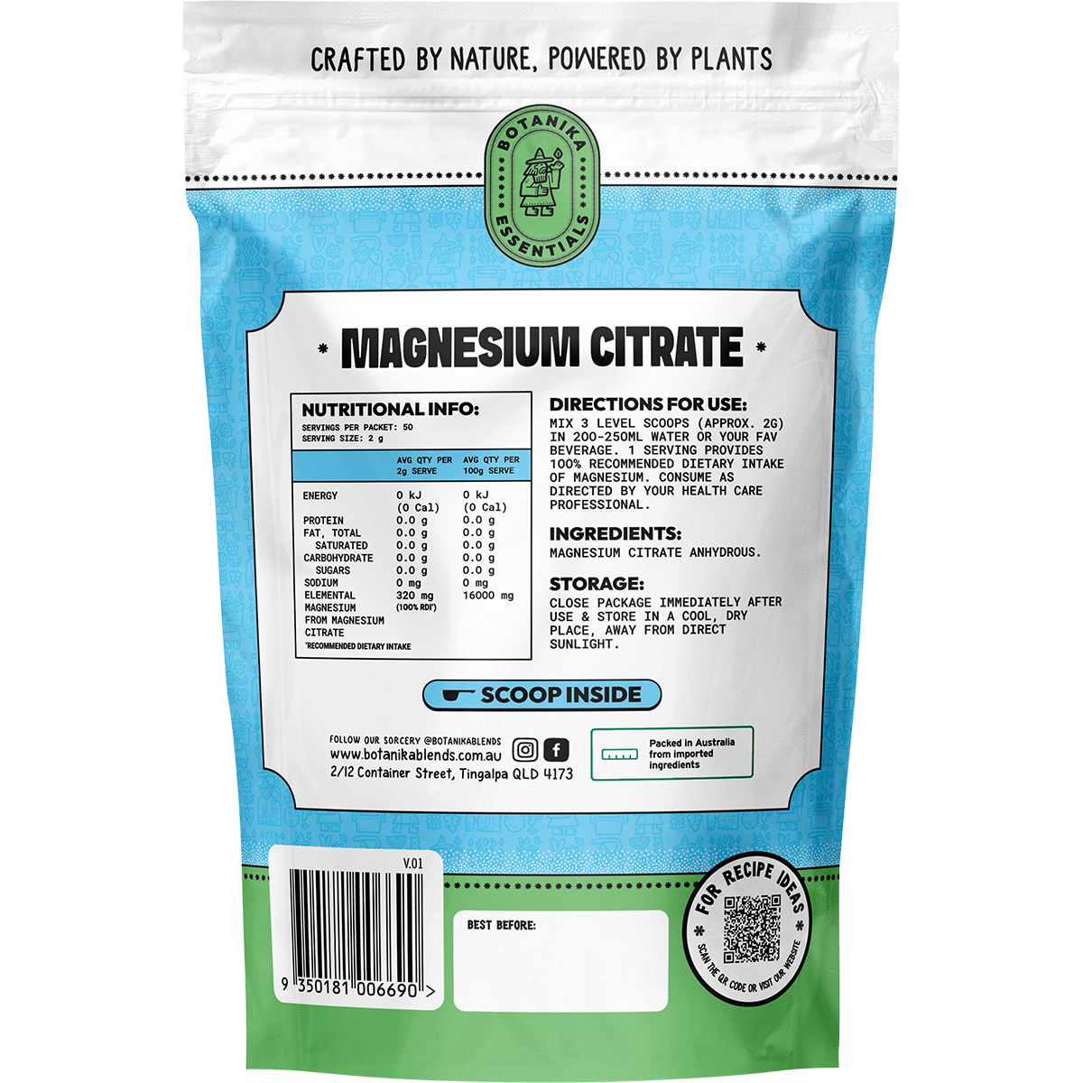 Back of Botanika Blends Magnesium Citrate tub showing ingredients, directions, barcode, and 100g size on white.