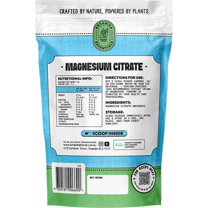 Back of Botanika Blends Magnesium Citrate tub showing ingredients, directions, barcode, and 100g size on white.