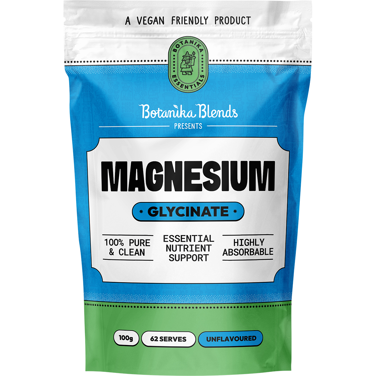 Botanika Blends Magnesium Glycinate 100g resealable pouch with a white and purple label.