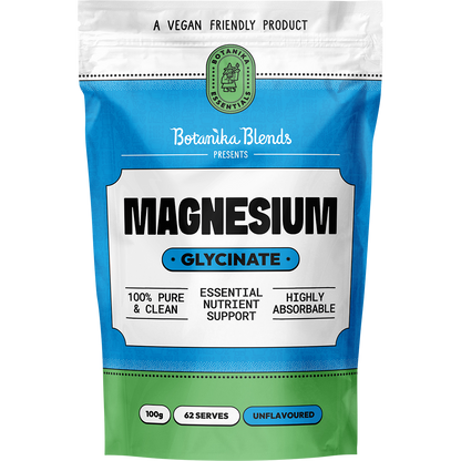 Botanika Blends Magnesium Glycinate 100g resealable pouch with a white and purple label.