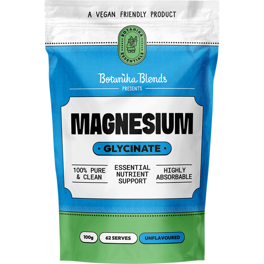 Botanika Blends Magnesium Glycinate 100g resealable pouch with a white and purple label.