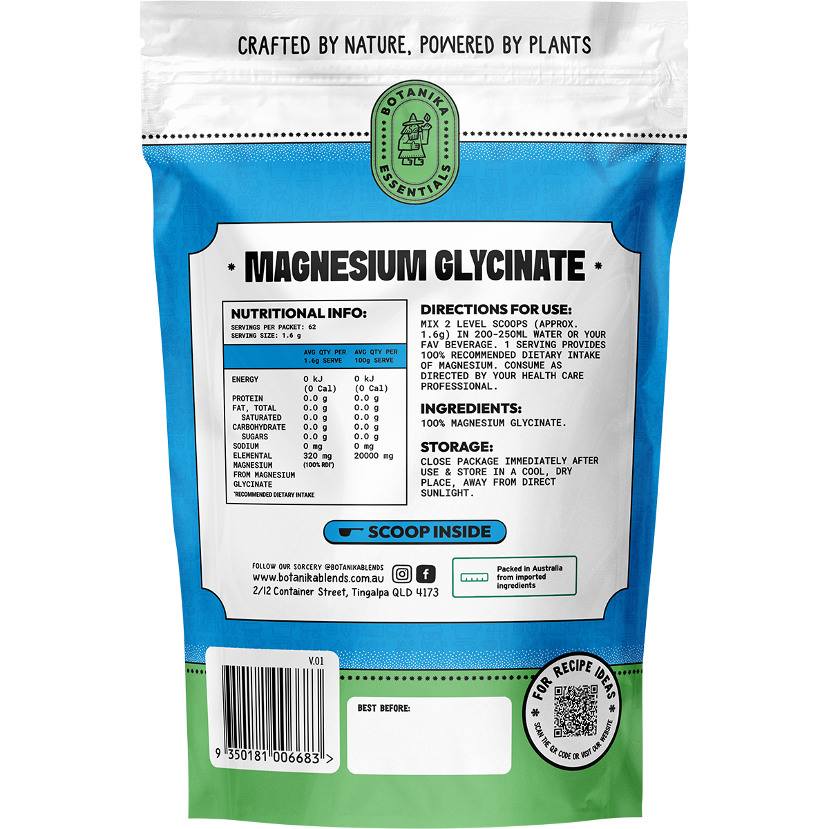 Back of Botanika Blends Magnesium Glycinate 100g pouch showing ingredients, directions, and 9350181006683 barcode.