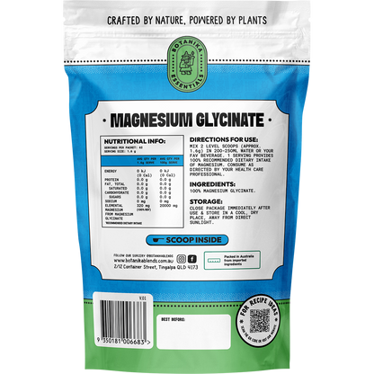 Back of Botanika Blends Magnesium Glycinate 100g pouch showing ingredients, directions, and 9350181006683 barcode.