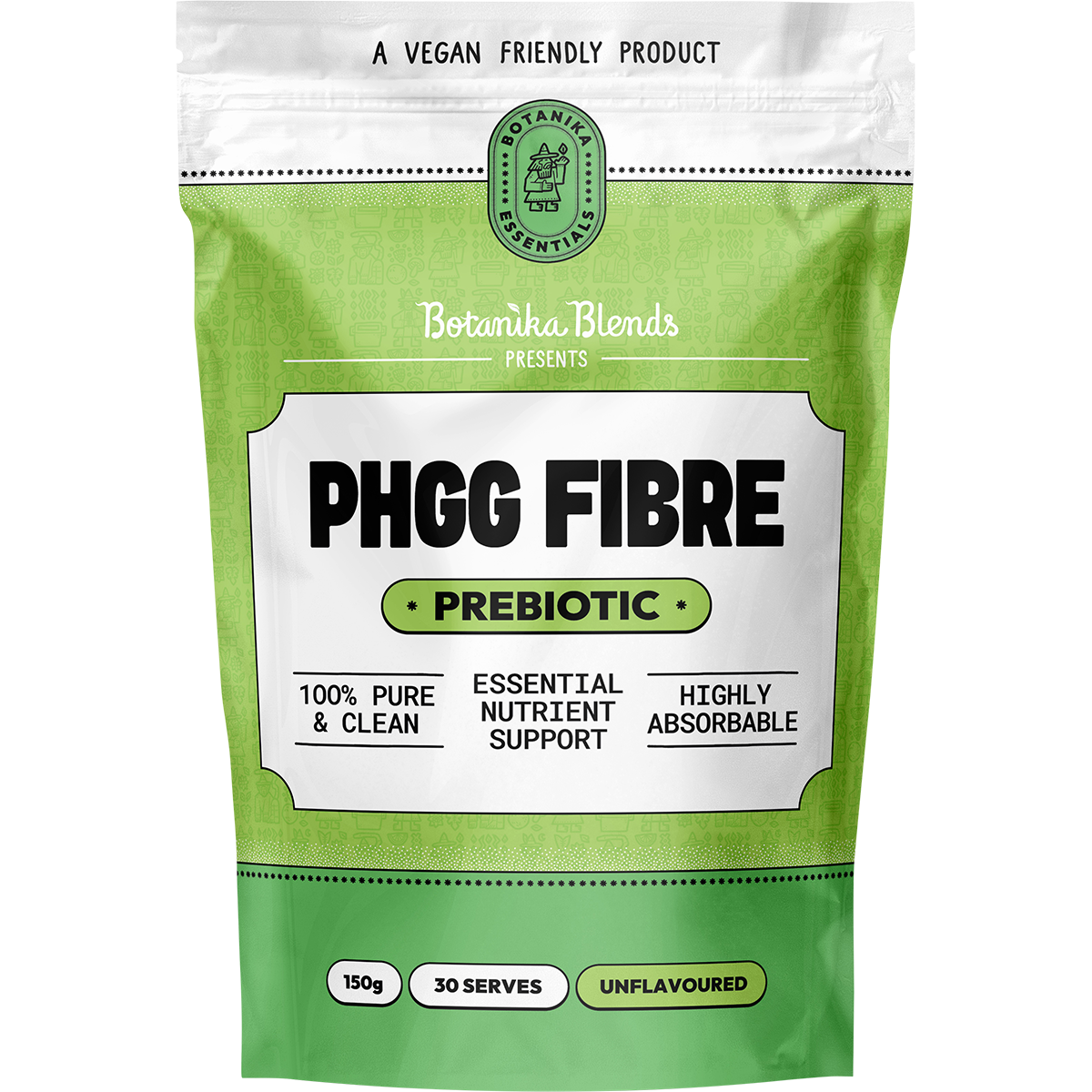 Botanika Blends PHGG Fibre 150g pouch with green and white labels, showing a digestive health supplement.