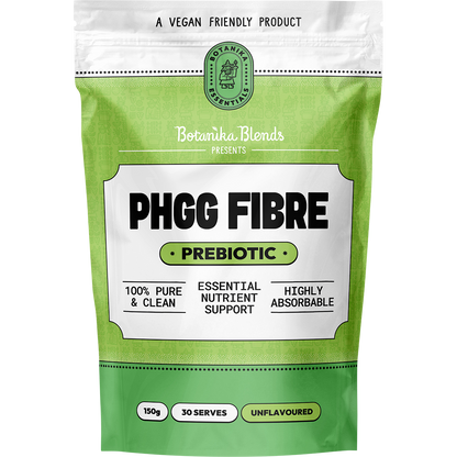 Botanika Blends PHGG Fibre 150g pouch with green and white labels, showing a digestive health supplement.