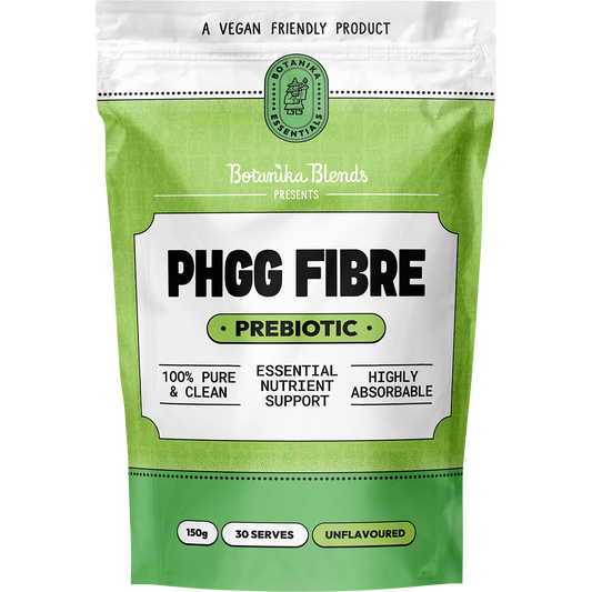 Botanika Blends PHGG Fibre 150g pouch with green and white labels, showing a digestive health supplement.
