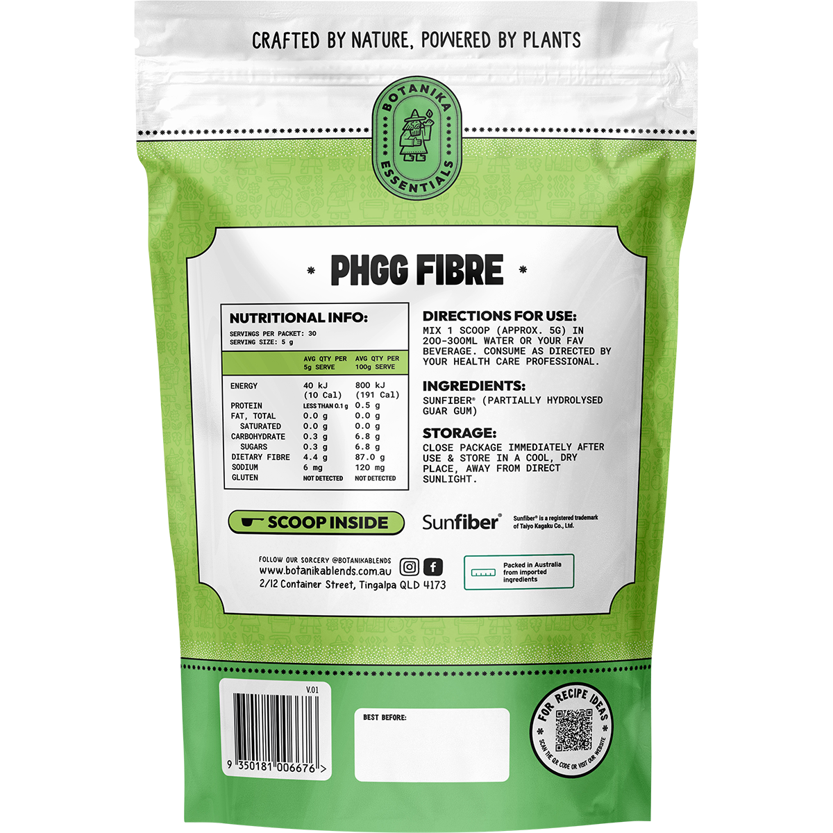 Back of Botanika Blends PHGG Fibre pouch showing nutrition facts, benefits, and barcode on a white background.
