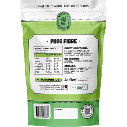 Back of Botanika Blends PHGG Fibre pouch showing nutrition facts, benefits, and barcode on a white background.