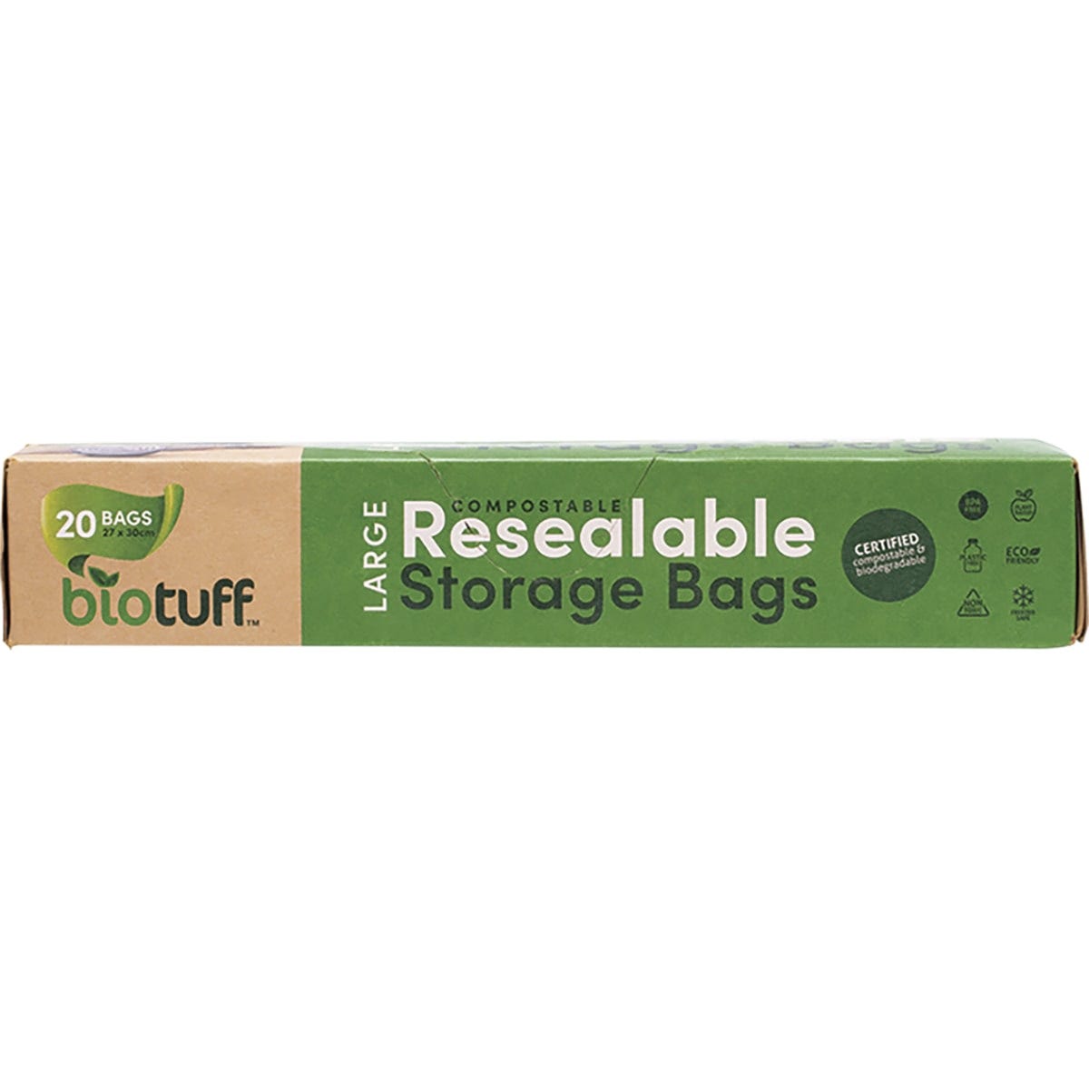 Biotuff 20-pack of large resealable storage bags, 27x30cm, featuring a green and white compostable label.