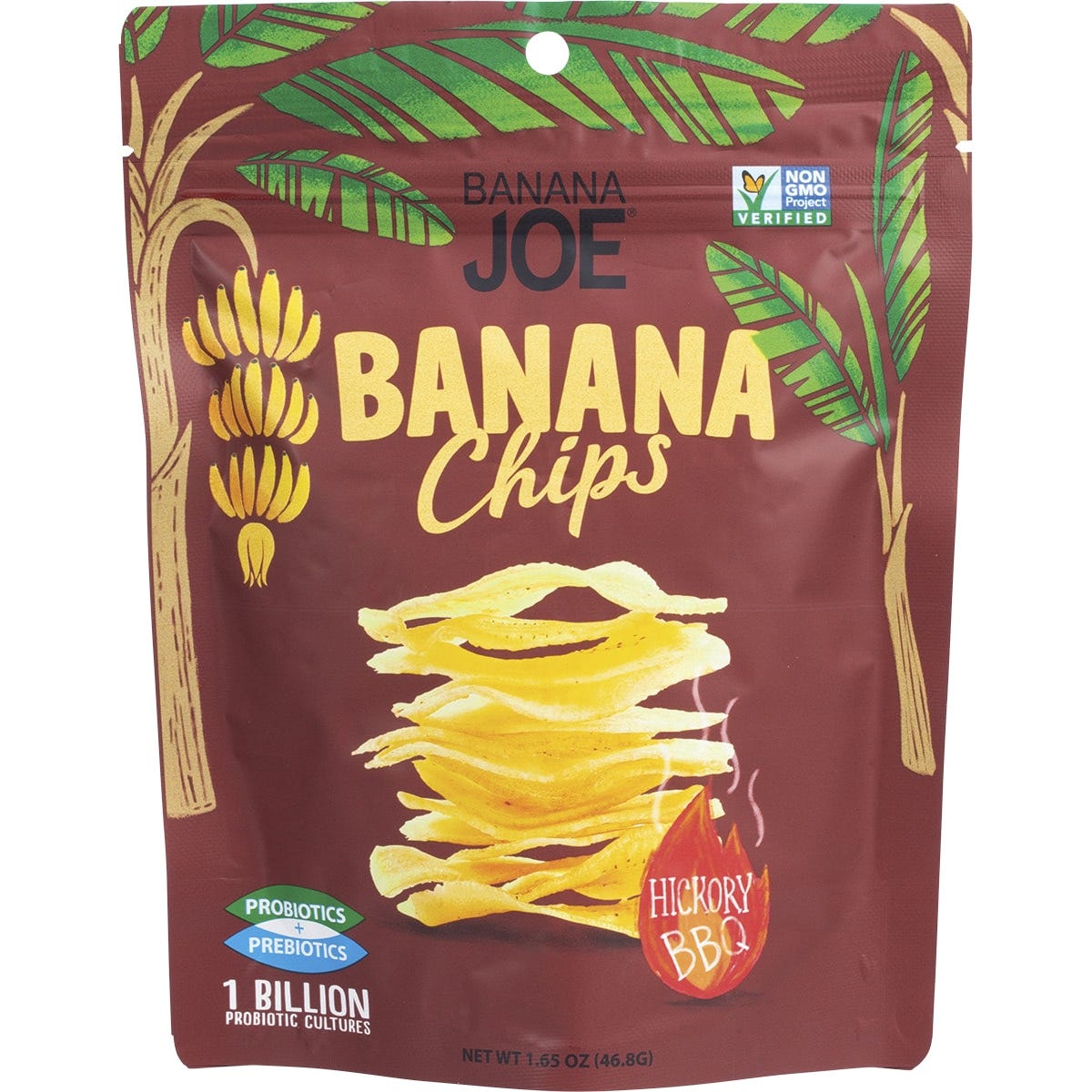 Banana Joe Hickory BBQ Banana Chips 46.8g bag with yellow packaging and red smoky BBQ graphics.
