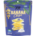 Six 46.8g bags of Banana Joe Sea Salt Banana Chips in a yellow display box featuring a monkey mascot.