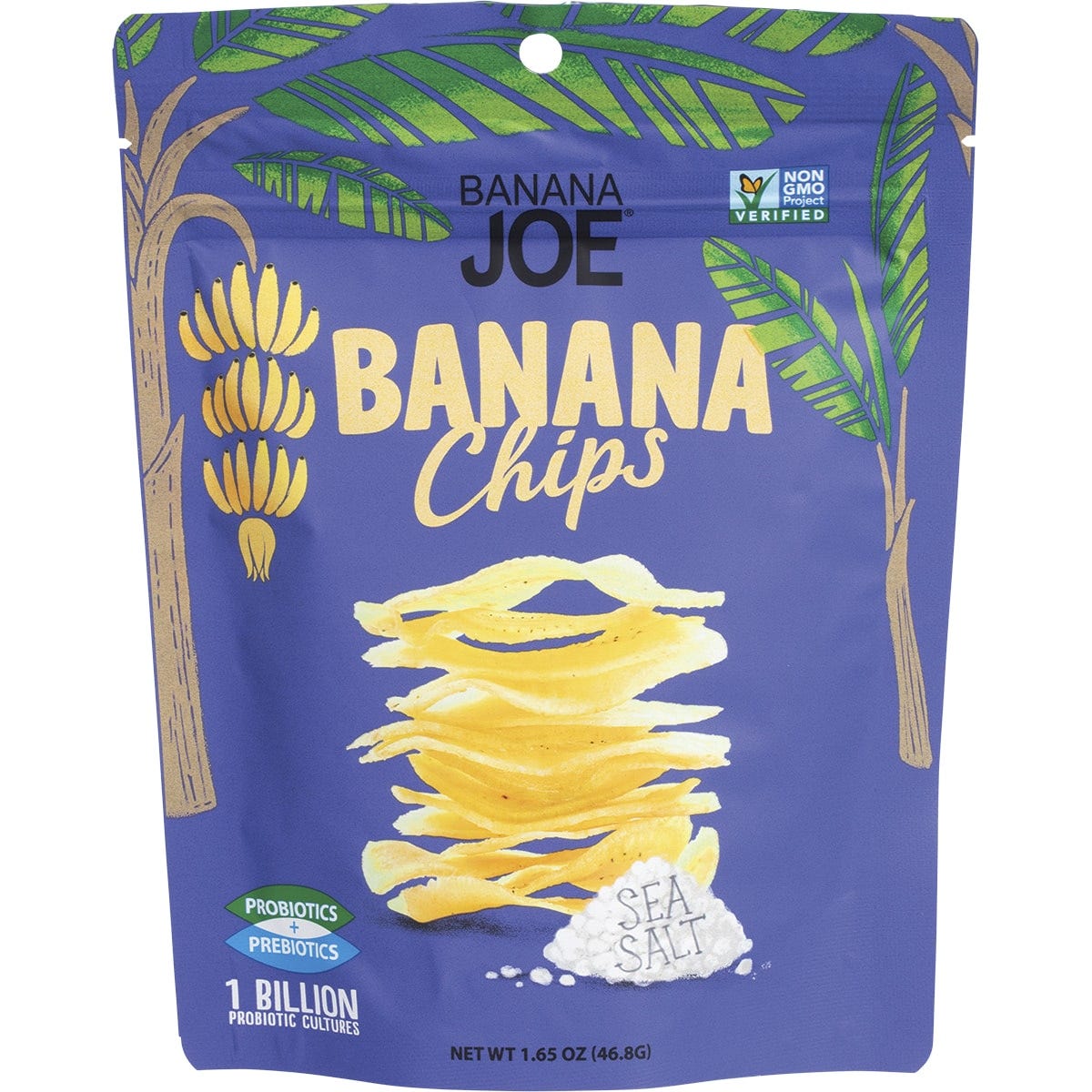 Six 46.8g bags of Banana Joe Sea Salt Banana Chips in a yellow display box featuring a monkey mascot.