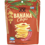 Six-pack of 46.8g Banana Joe Thai Sweet Chili banana chips bags with a crispy chip illustration on a red and white label.
