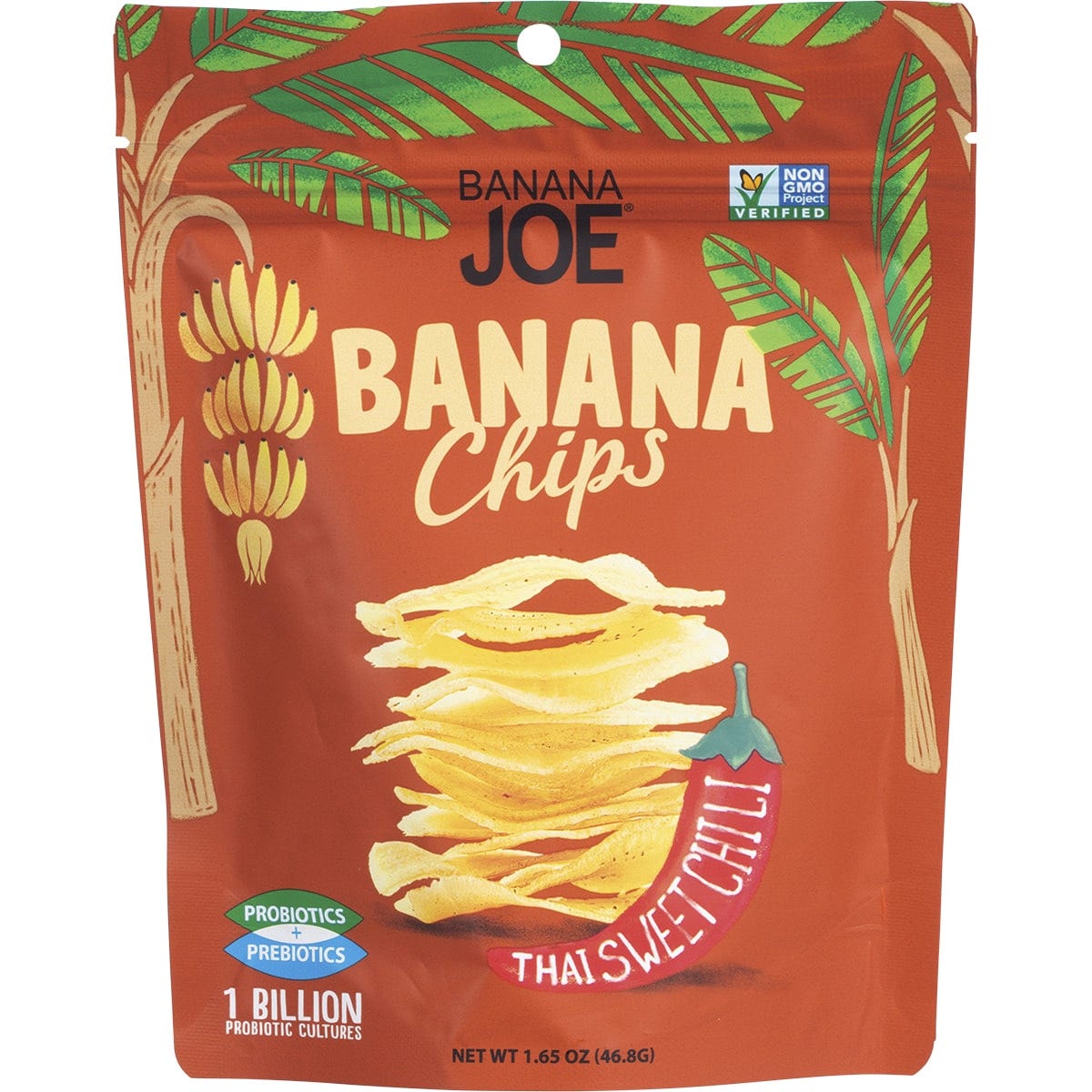 Six-pack of 46.8g Banana Joe Thai Sweet Chili banana chips bags with a crispy chip illustration on a red and white label.