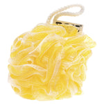 Extra thick mesh flower sponge for body care in yellow, designed for gentle exfoliation and rich lather.