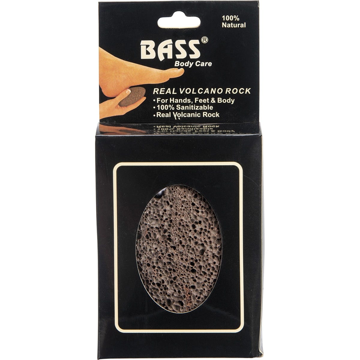 Natural black volcanic rock exfoliation stone by Bass Body Care for removing dead skin on hands, feet, and body.