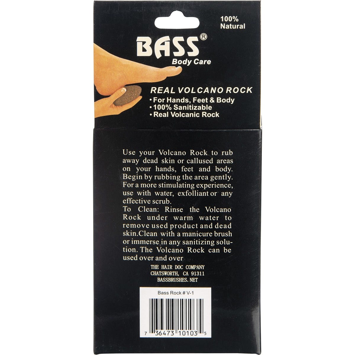 Natural black volcanic rock exfoliation stone by Bass Body Care on a plain white background.
