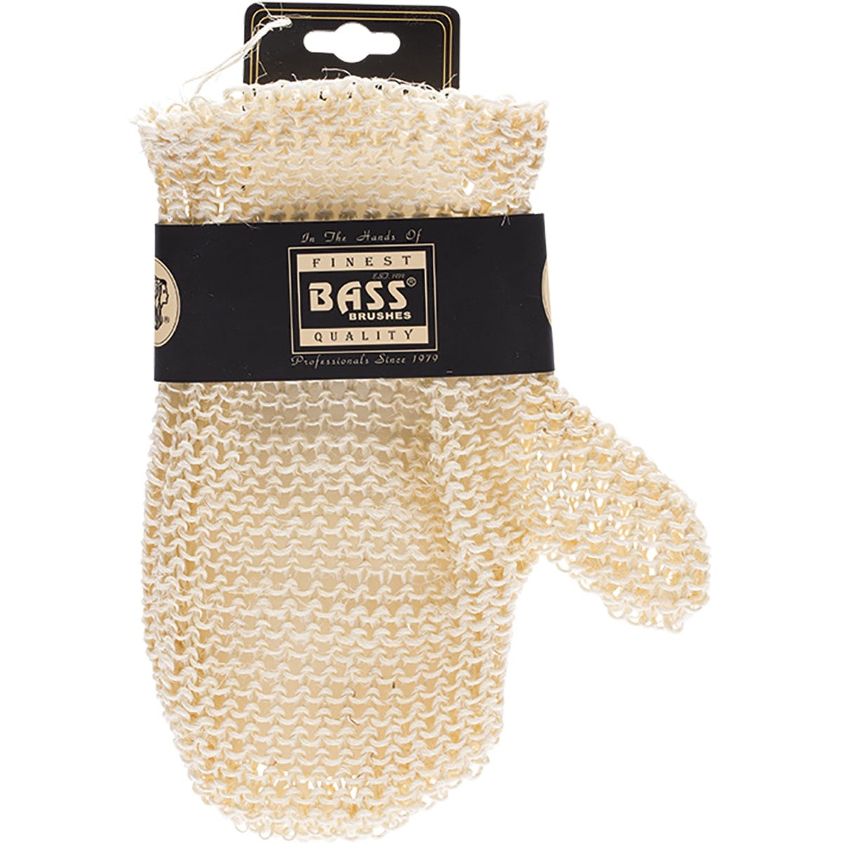 Bass Body Care Sisal Deluxe Hand Glove in a firm, tan knitted style for natural body exfoliation.
