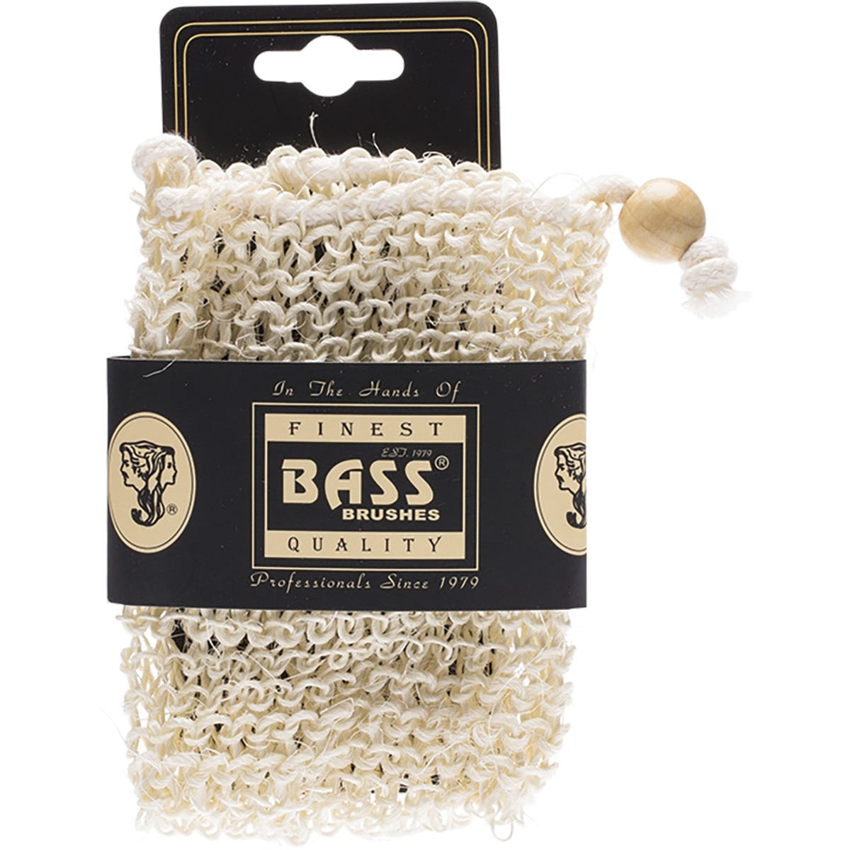 Natural fiber sisal soap holder pouch with a drawstring closure for exfoliation and soap preservation.