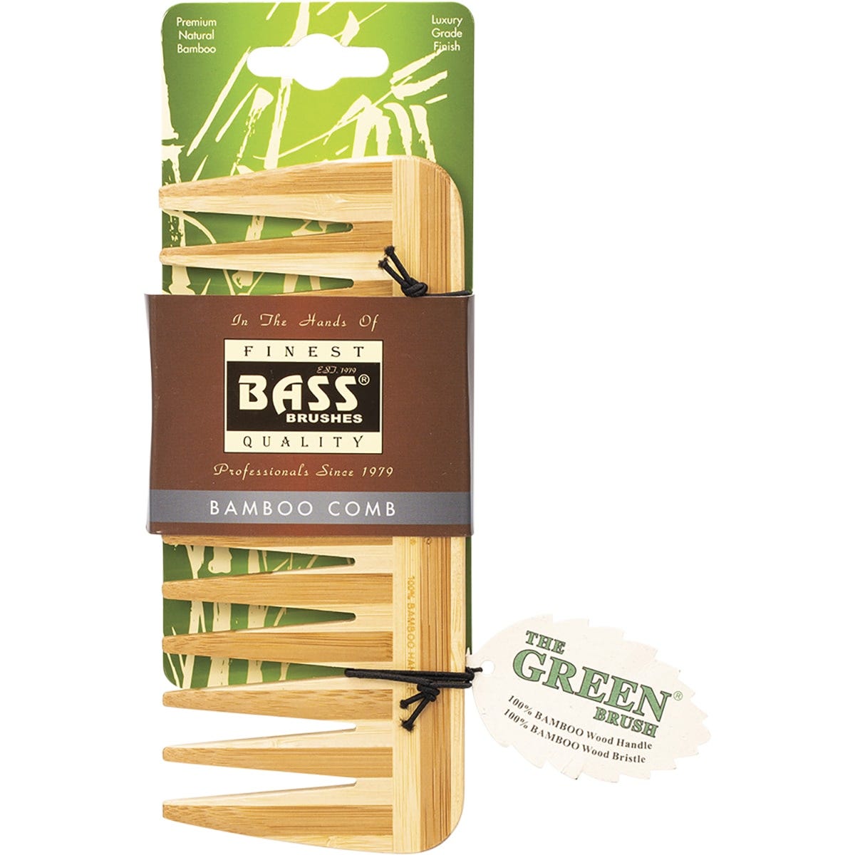 Medium wide-tooth bamboo comb by Bass Brushes with a natural wood grain finish and a classic handle design.