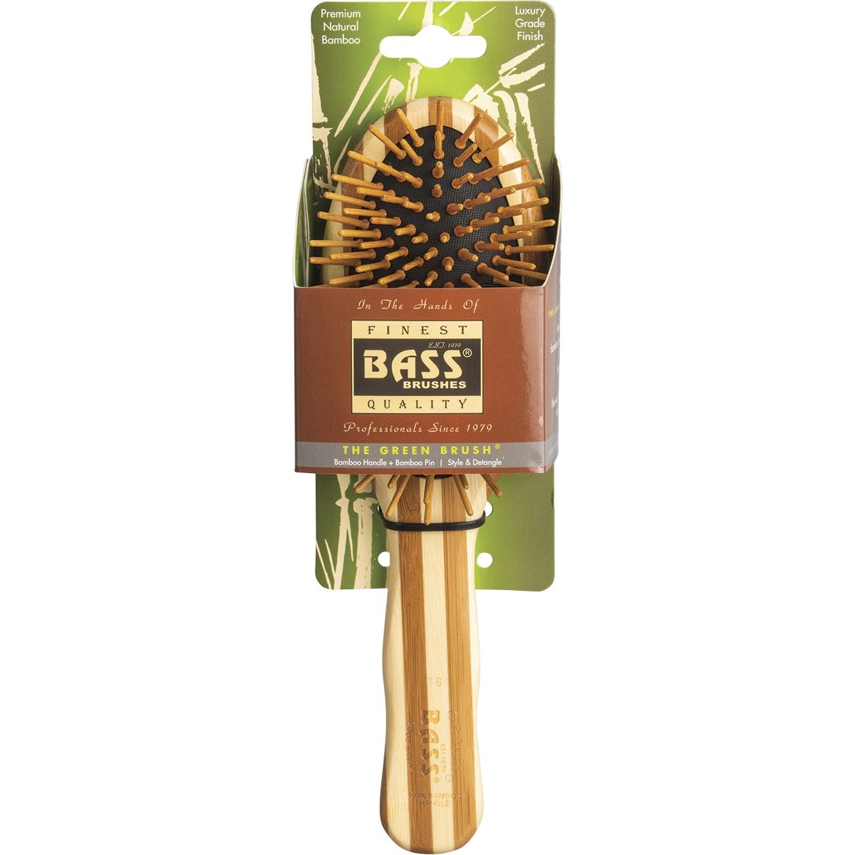 Large oval Bass Brushes bamboo hair brush with natural bristles and a sustainable wooden handle on a white background.