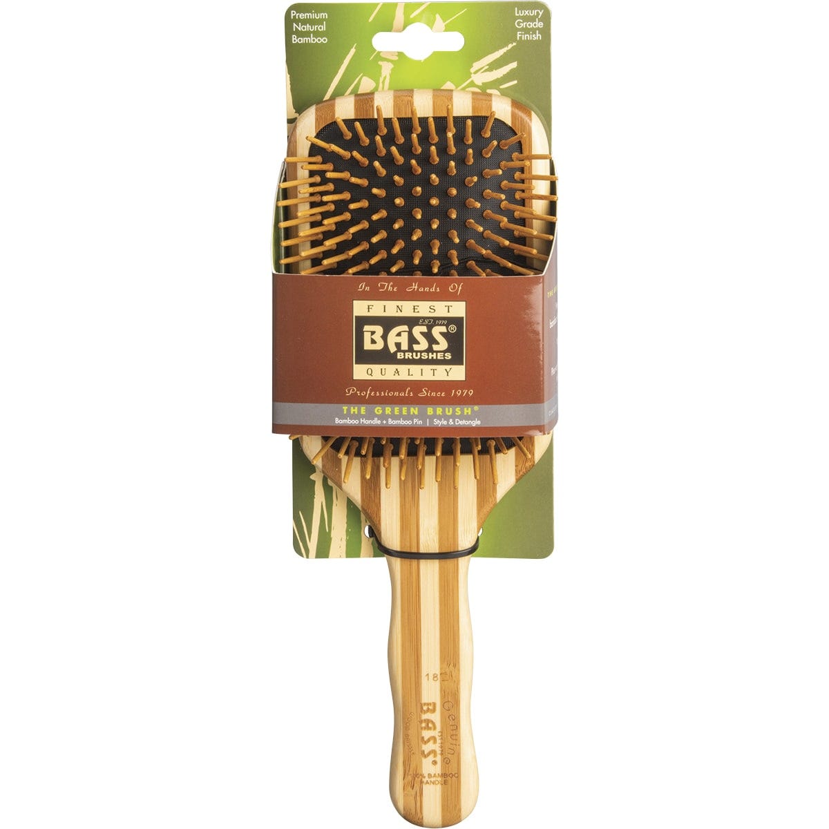 Large square bamboo paddle hair brush featuring natural bamboo pins and a smooth wooden handle.