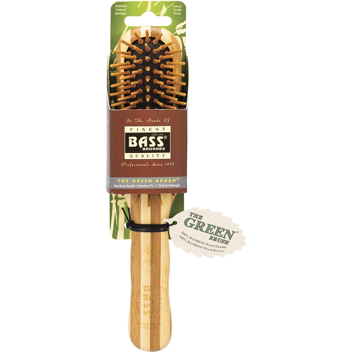 Bass Brushes professional hair brush with eco-friendly bamboo handle and pins for styling and detangling.