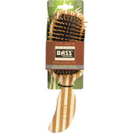 Natural bamboo hairbrush with a semi S-shaped handle and 100% bamboo pins for styling and detangling.