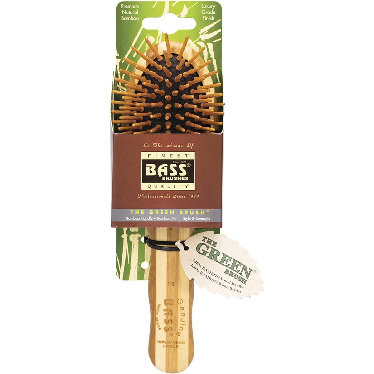 Small oval Bass bamboo hair brush featuring natural wood pins and a sustainable striped bamboo handle.