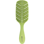 Green leaf-shaped Bass Brushes Bio-Flex detangler with flexible black pins on a white background.