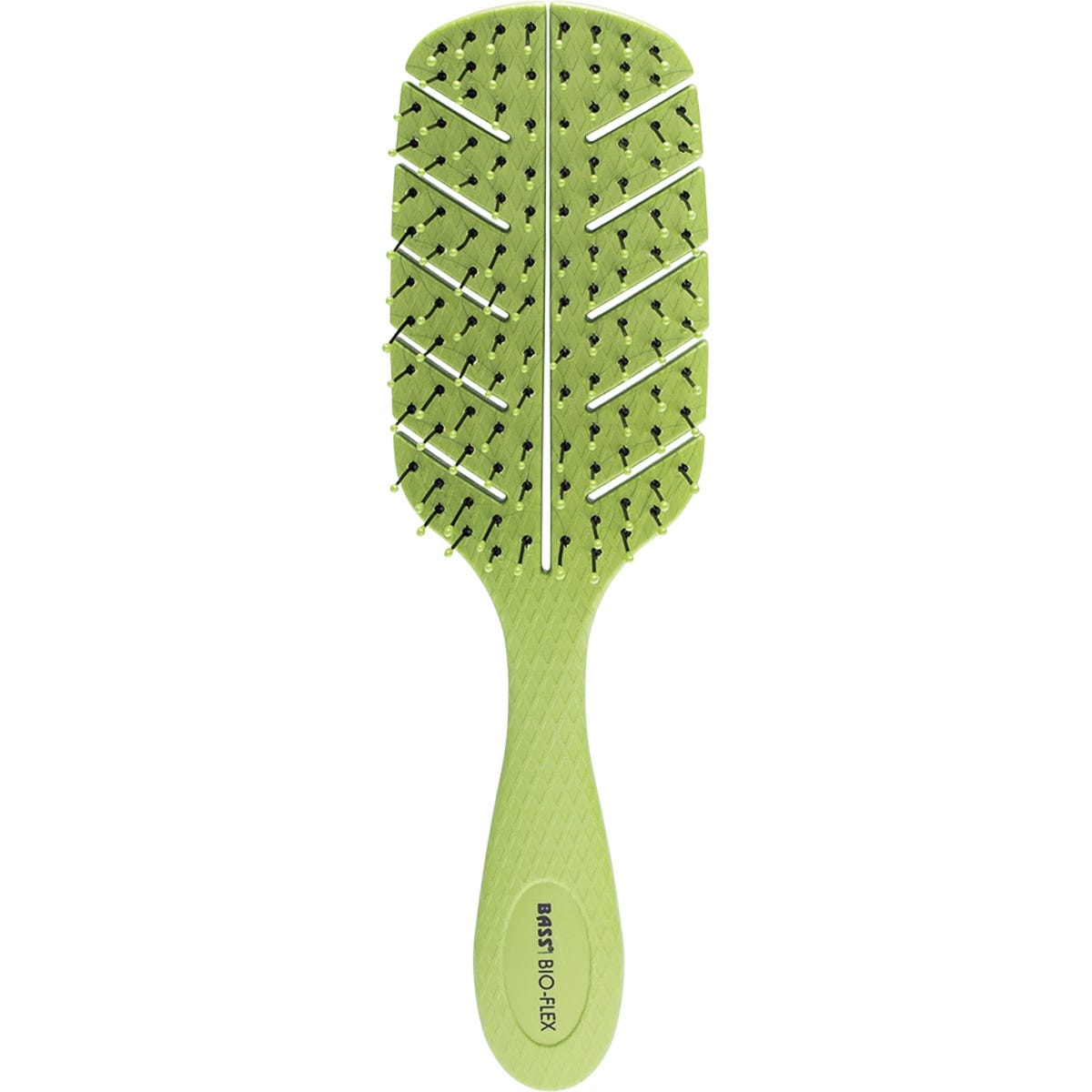 Green leaf-shaped Bass Brushes Bio-Flex detangler with flexible black pins on a white background.