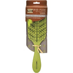 Green leaf-shaped Bass Brushes Bio-Flex detangler hair brush with flexible black nylon pins and a plant-based handle.