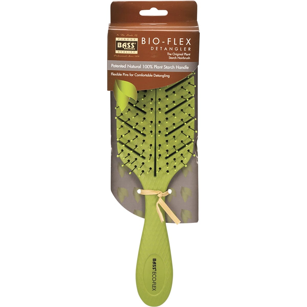 Green leaf-shaped Bass Brushes Bio-Flex detangler hair brush with flexible black nylon pins and a plant-based handle.