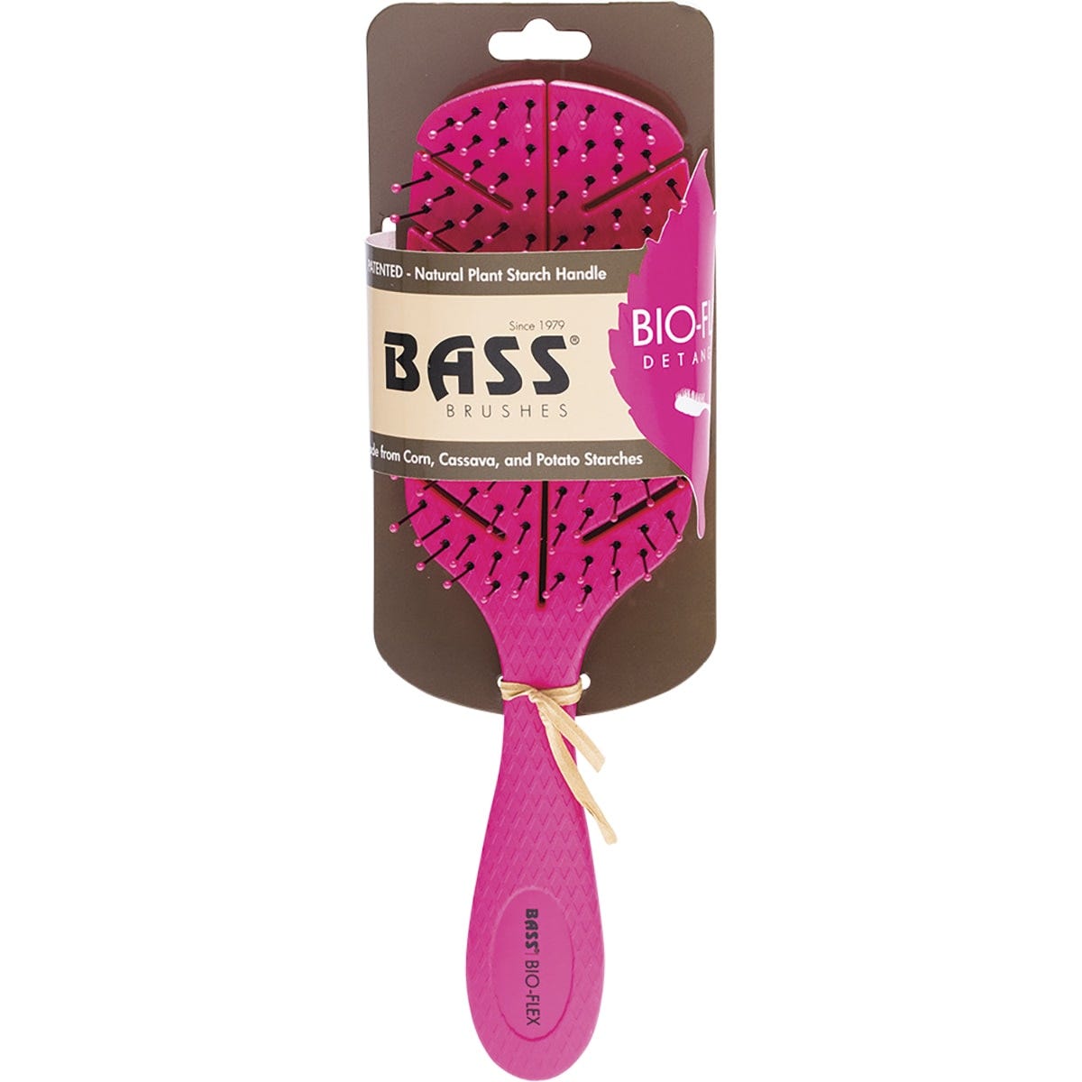 Pink Bio-Flex detangler hair brush in leaf shape with a natural plant starch handle and flexible nylon pins.
