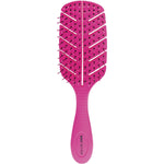 Pink leaf-shaped Bio-Flex hair brush with flexible nylon pins and a sustainable plant starch handle.