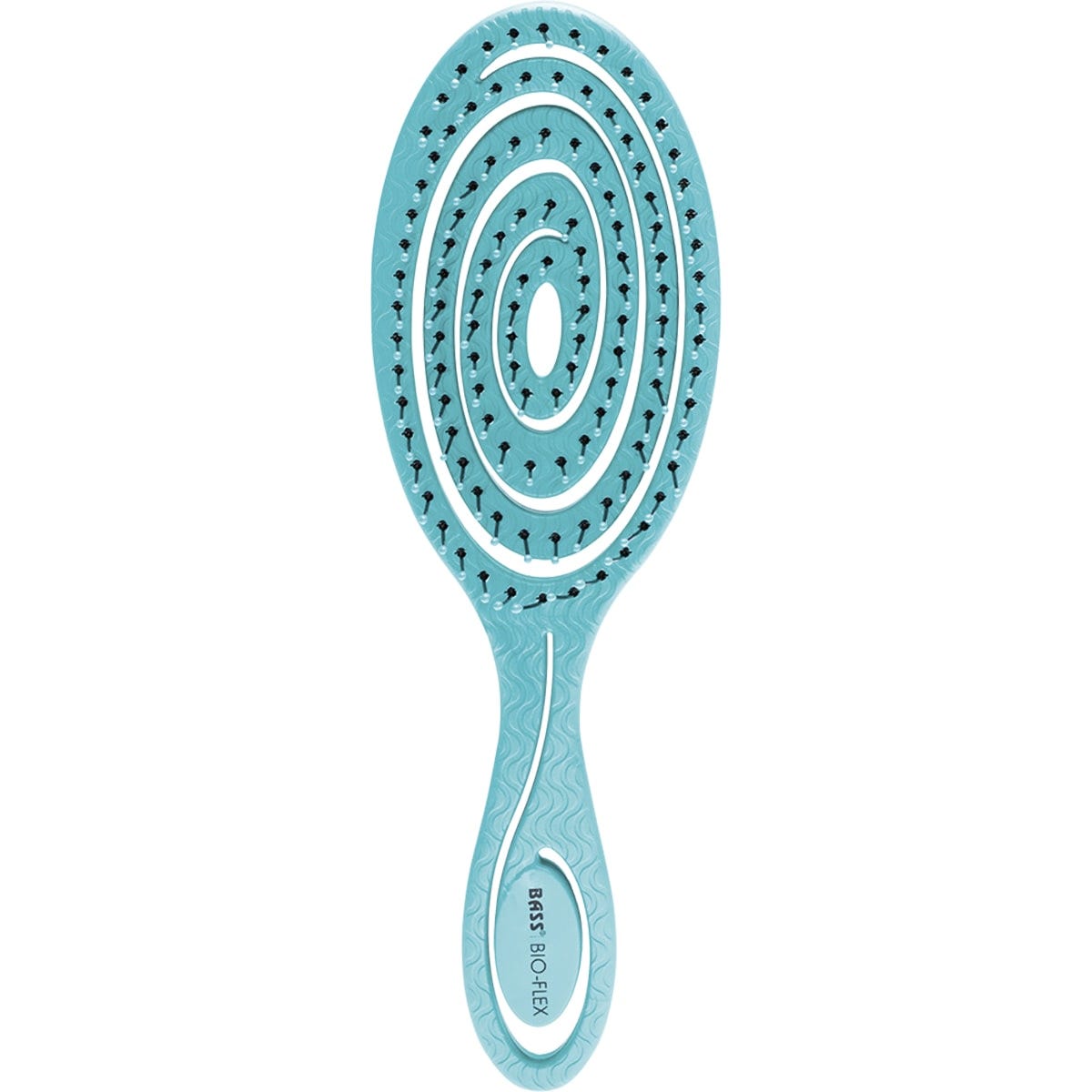 Teal Bass Brushes Bio-Flex detangler with a swirl-shaped plant starch handle and flexible nylon pins.
