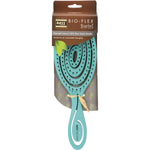 Teal Bass Brushes Bio-Flex detangling hair brush with a swirl-shaped plant starch handle and flexible nylon pins.