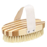 Bass Brushes skin brush with a natural bamboo handle and firm sisal bristles for dry body brushing on a white background.