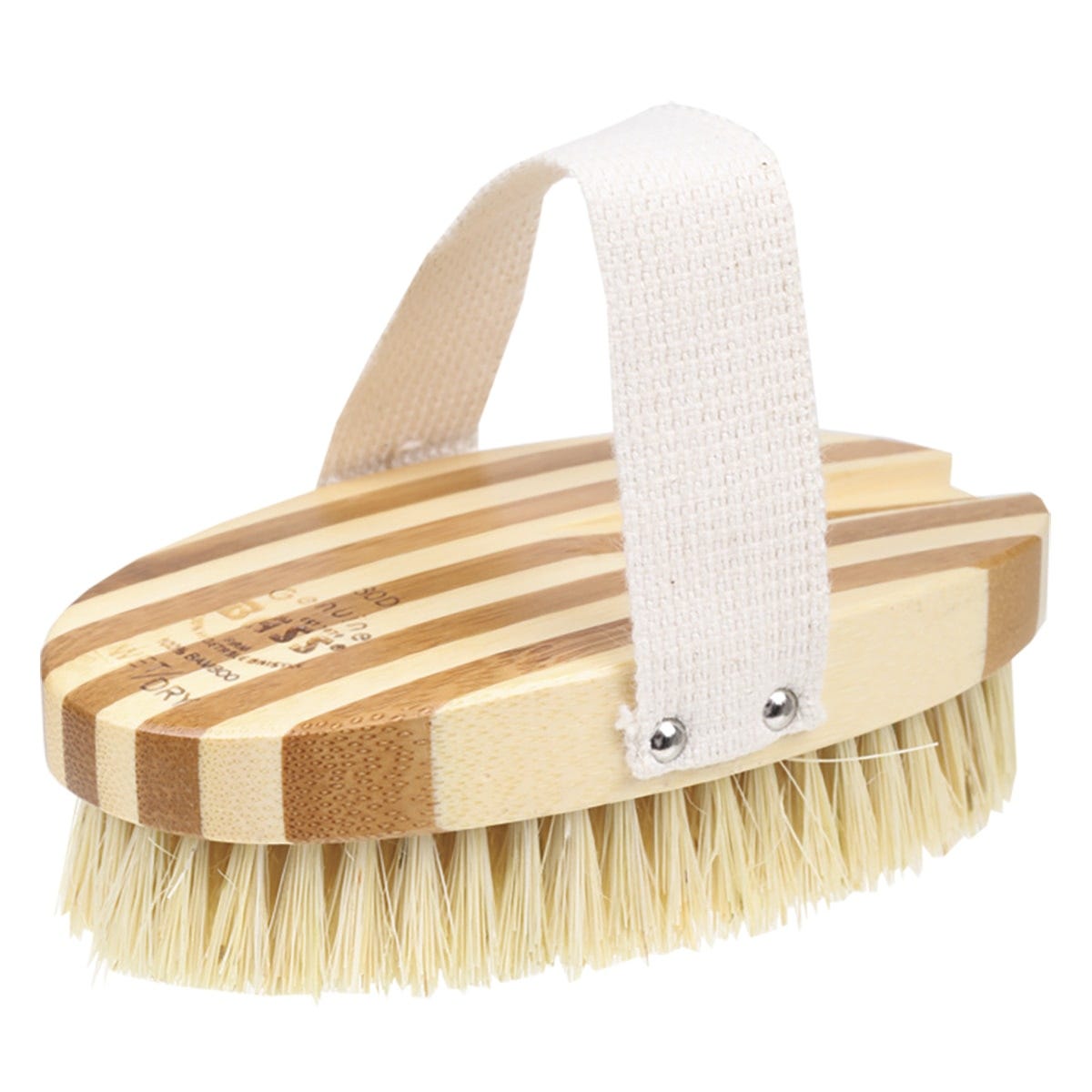 Bass Brushes skin brush with a natural bamboo handle and firm sisal bristles for dry body brushing on a white background.