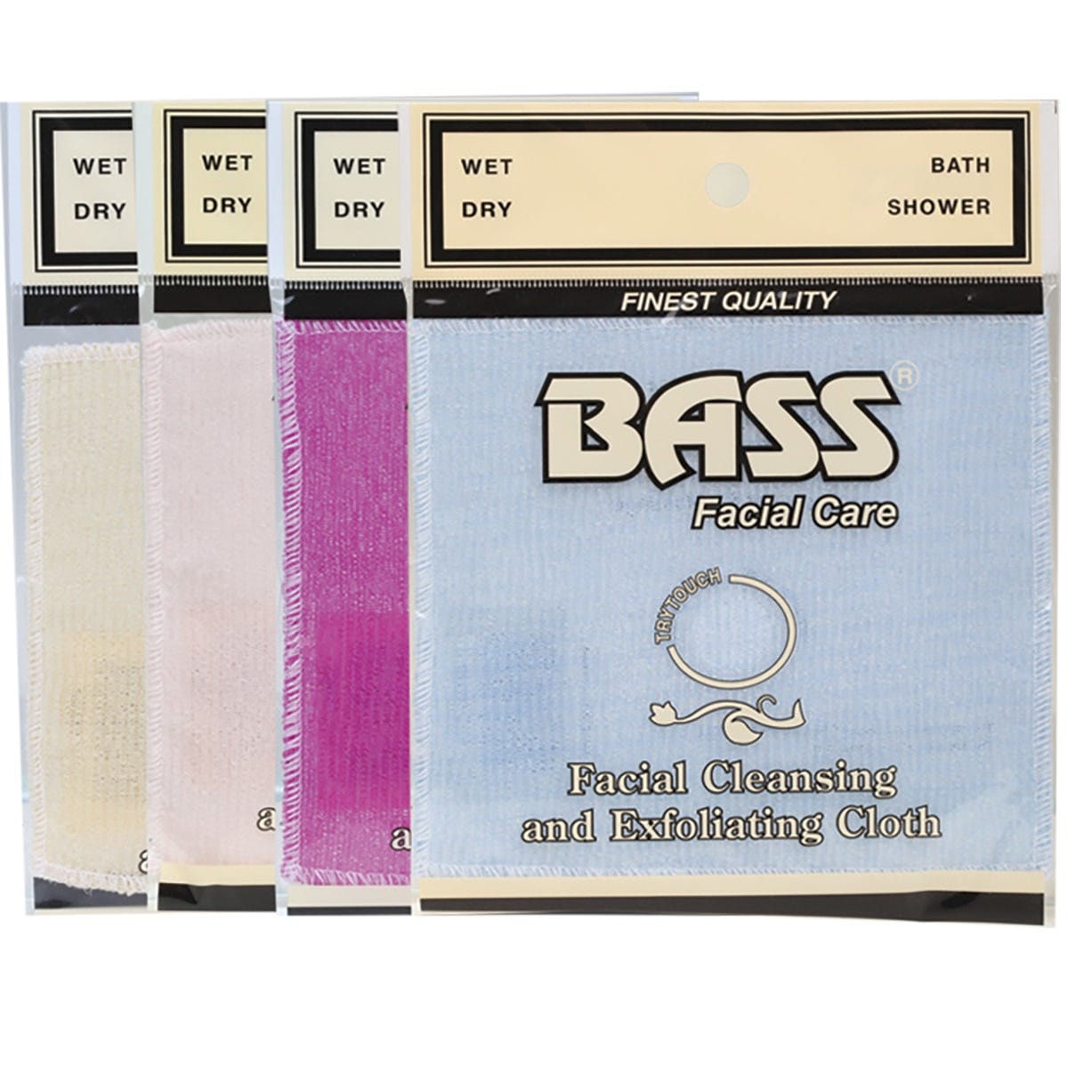 Blue and white exfoliating facial cloths made of textured nylon for gentle skin cleansing and massage.