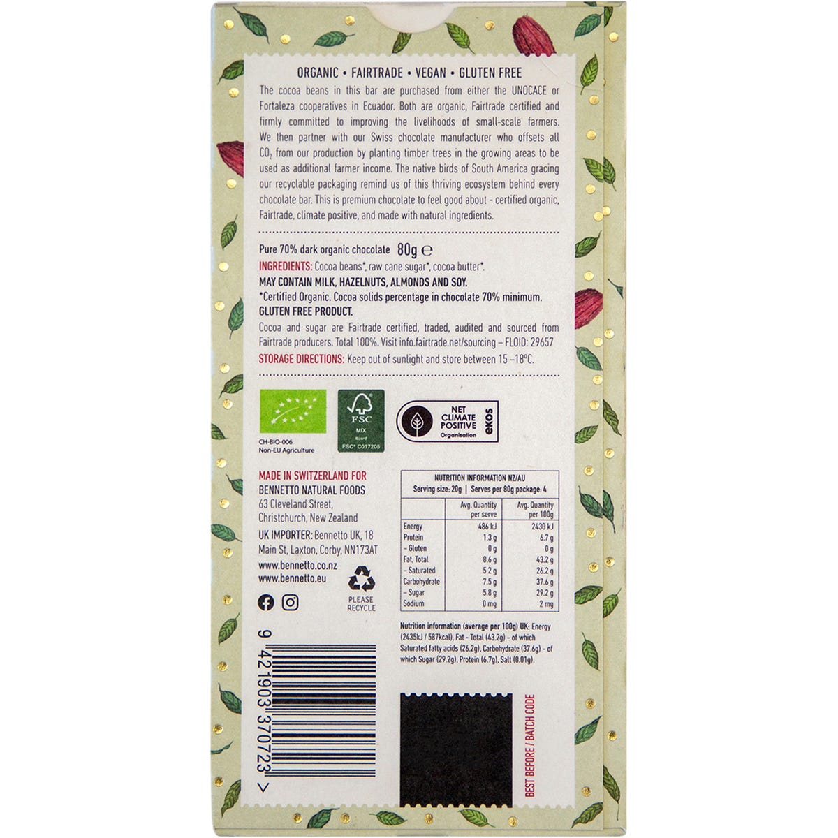 Wrapped Bennetto 70% Organic Dark Chocolate 80g bar with colorful bird illustrations on a white background.