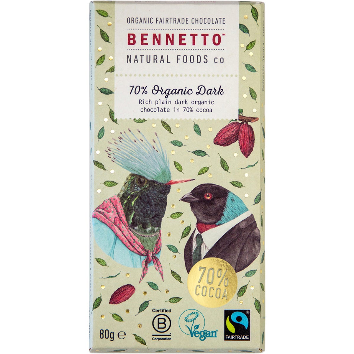 Bennetto 70% organic dark chocolate 80g bars in a 12-pack box featuring colorful bird illustrations.