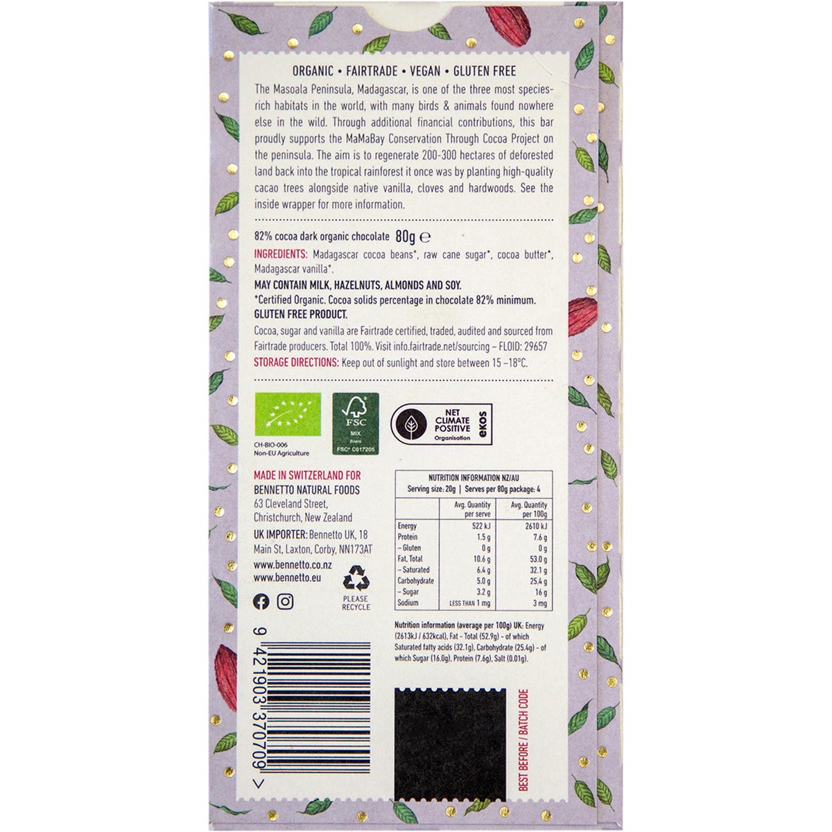 Bennetto 80g Organic 82% Super Dark Chocolate bar in dark blue packaging with a white bird illustration.