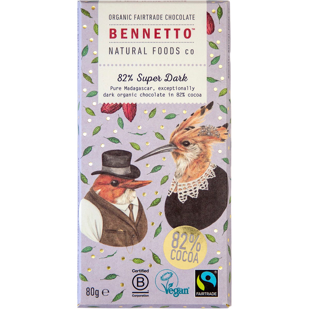 Bennetto 12-pack of 80g Organic 82% Super Dark Chocolate bars featuring a bird illustration on the dark blue packaging.